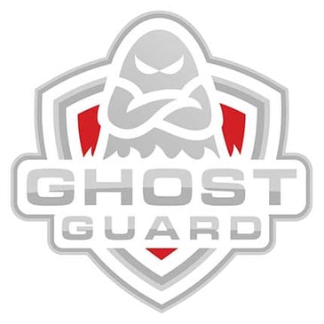 The Ghost Guard logo featuring a red and grey, badge-style background with a grey ghost with its arms crossed and eyebrows furrowed over the words 